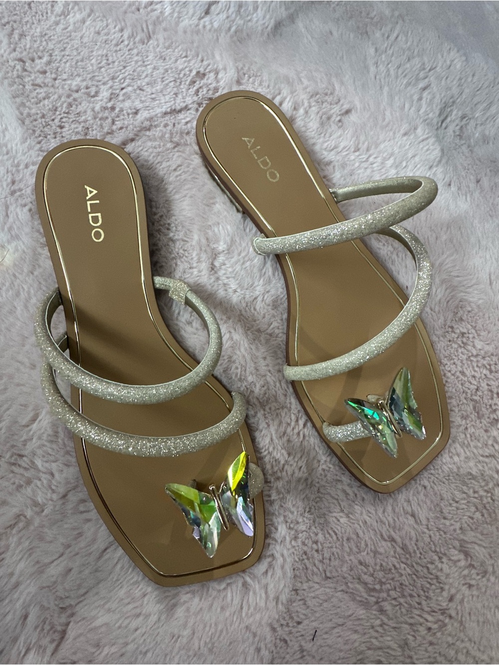ALDO Champagne Glitter Strappy Sandals with Iridescent Butterfly Accent
